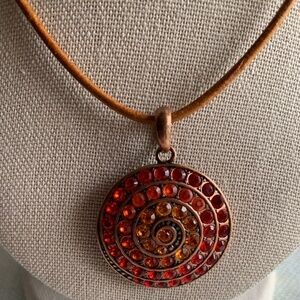 Vintage Red/Orange Crystal Round Metal Pendant on Brown Leather Necklace